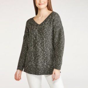 Current Air Los Angeles Chunky Knit V Neck Split Back Charcoal White Women Sz L